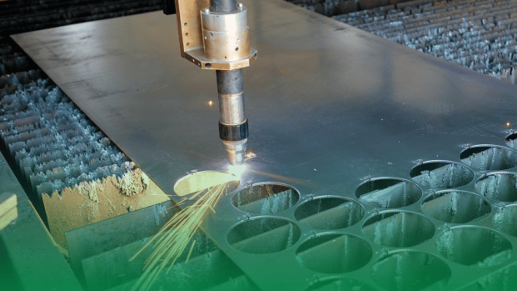 Plasma cutting equipment using a high-temperature arc to cut thick sheet metal with precision.