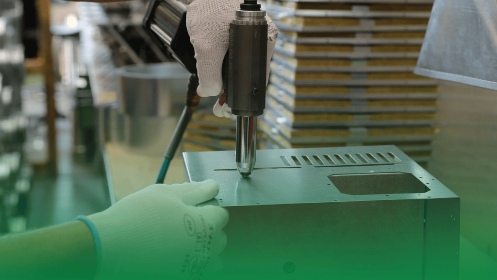 Riveting tool securing sheet metal components with rivets for lightweight assembly.